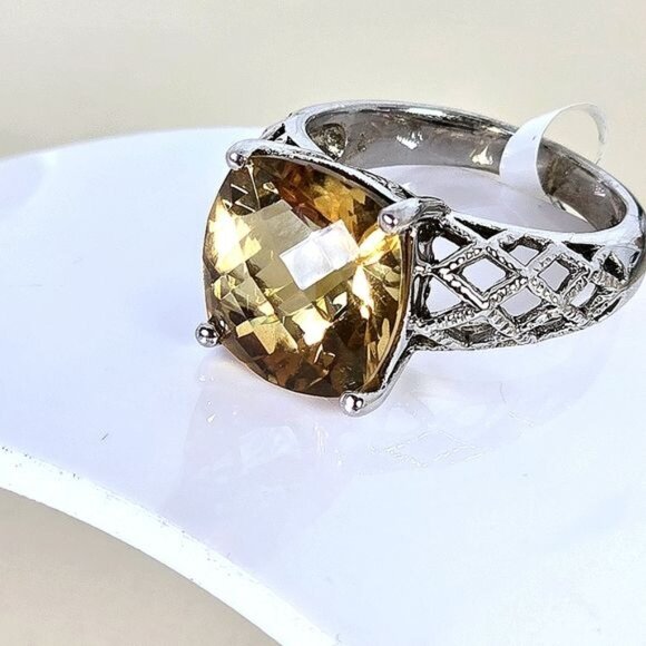 925 Sterling Silver Ring Sz 7 with Natural Cusion-Cut Citrine 11x11mm Gemstone - Picture 4 of 8
